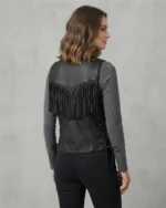 Womens Black Leather Fringe Vest with Western Side Lacing back
