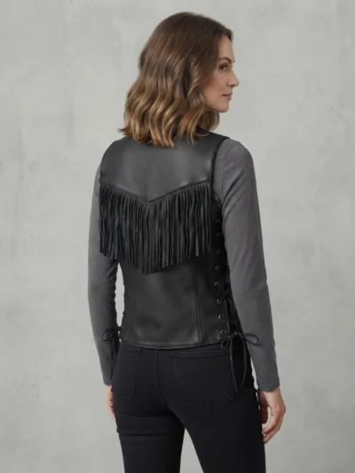 Womens Black Leather Fringe Vest with Western Side Lacing back