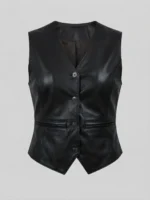 Women’s Black Leather Vest Classic Button Front Sleeveless Style front