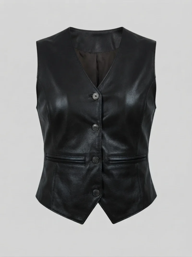 Women’s Black Leather Vest Classic Button Front Sleeveless Style front