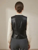 Women’s Black Leather Vest Classic Button Front Sleeveless Style back