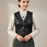 Women’s Black Leather Vest Classic Button Front Sleeveless Style