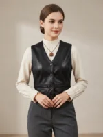 Women’s Black Leather Vest Classic Button Front Sleeveless Style