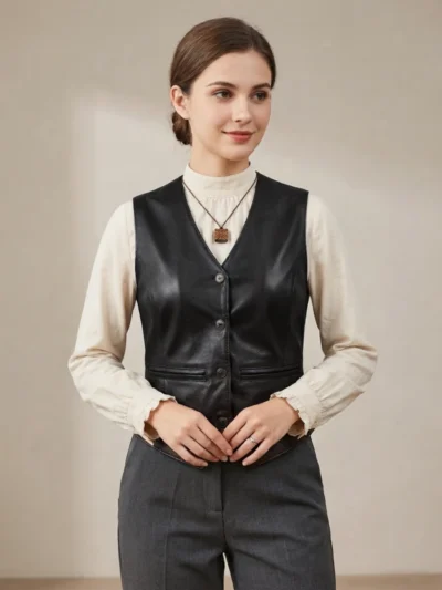 Women’s Black Leather Vest Classic Button Front Sleeveless Style