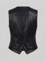 Women’s Black Leather Vest Classic Button Front Sleeveless Style back