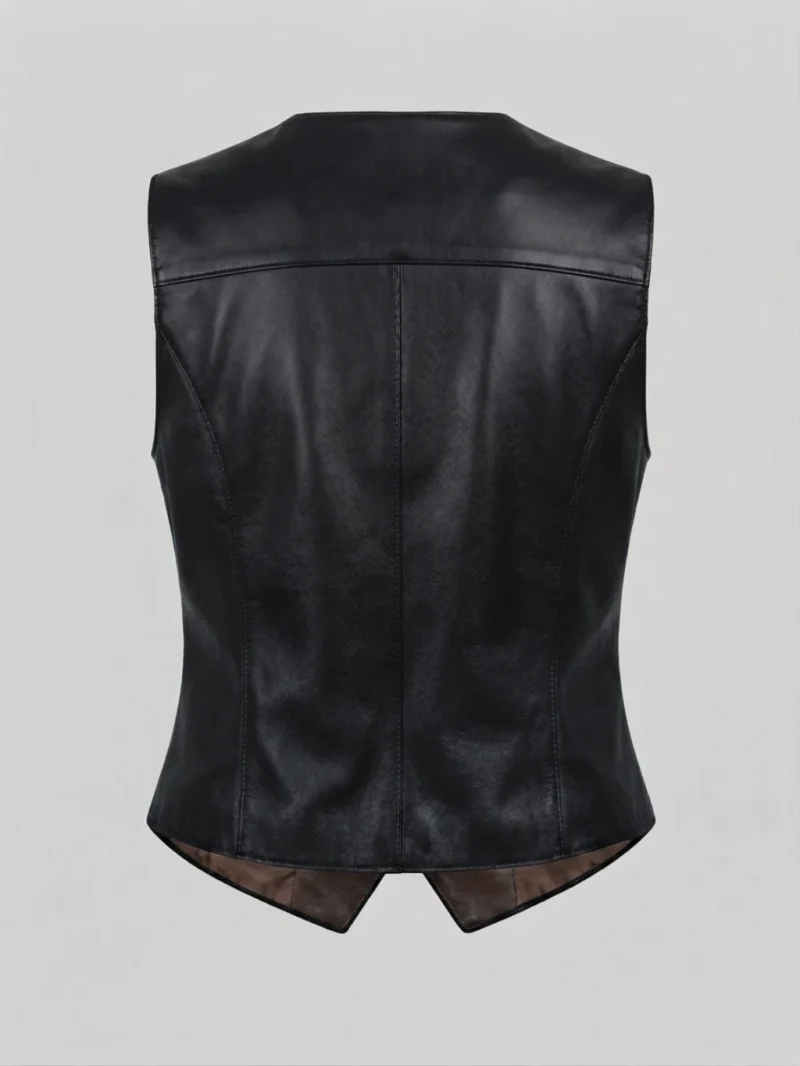 Women’s Black Leather Vest Classic Button Front Sleeveless Style back