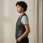 Women's Black Leather Vest V-Neck Button Front side