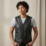 Women's Black Leather Vest V-Neck Button Front