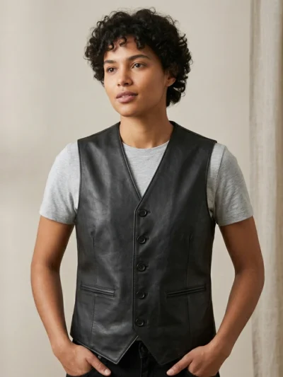 Women's Black Leather Vest V-Neck Button Front