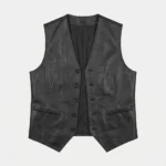 Women's Black Leather Vest V-Neck Button