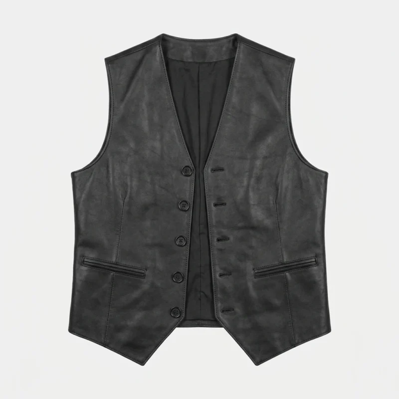 Women's Black Leather Vest V-Neck Button