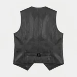 Women's Black Leather Vest V-Neck Button back side