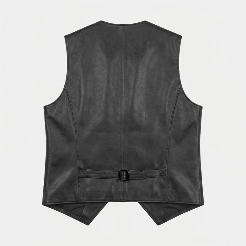 Women's Black Leather Vest V-Neck Button back side