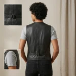 Women's Black Leather Vest V-Neck Button back