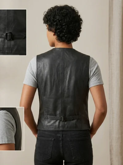 Women's Black Leather Vest V-Neck Button back