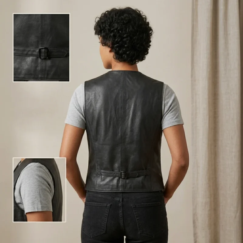 Women's Black Leather Vest V-Neck Button back