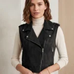 Women’s Black Suede Biker Vest Asymmetrical Zipper