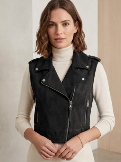 Women’s Black Suede Biker Vest Asymmetrical Zipper