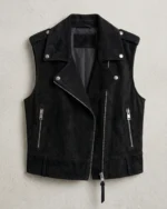 Women’s Black Suede Biker Vest Asymmetrical Zipper front