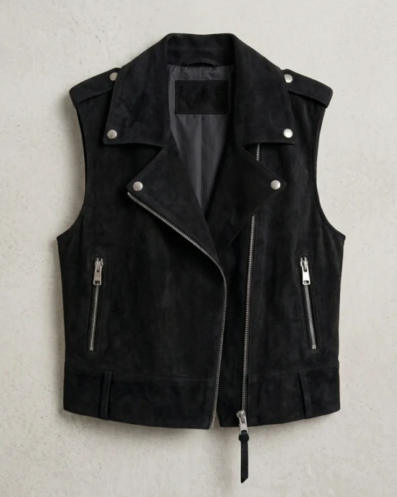 Women’s Black Suede Biker Vest Asymmetrical Zipper front