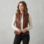 Womens Brown Leather Vest with Stand Collar