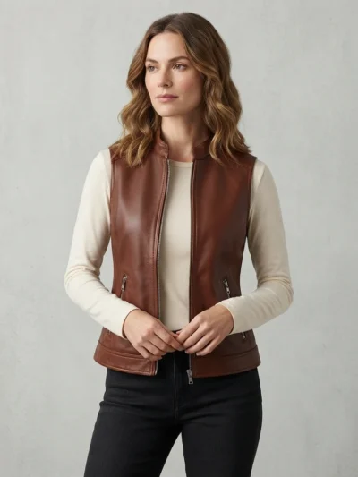 Womens Brown Leather Vest with Stand Collar