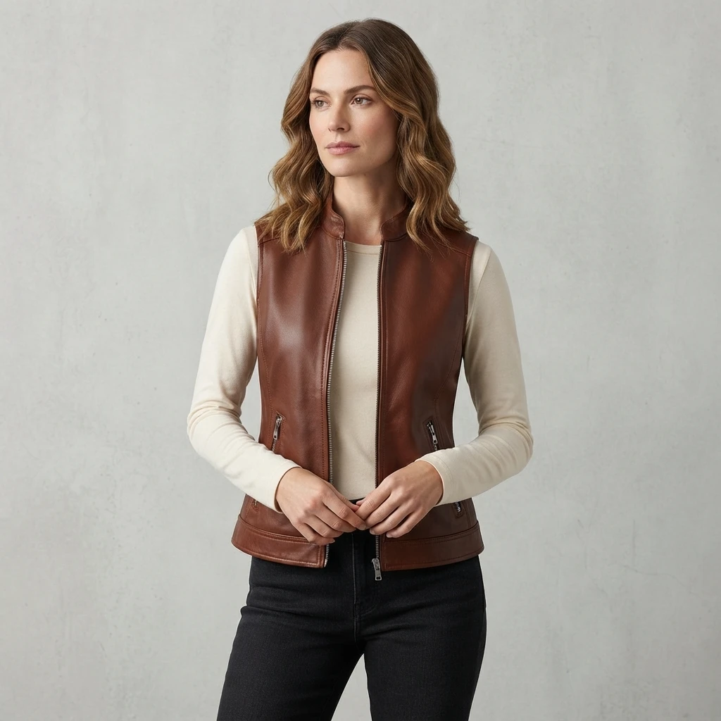Womens Brown Leather Vest With Stand Collar And Front Zipper (1) Womens Brown Leather Vest with Stand Collar