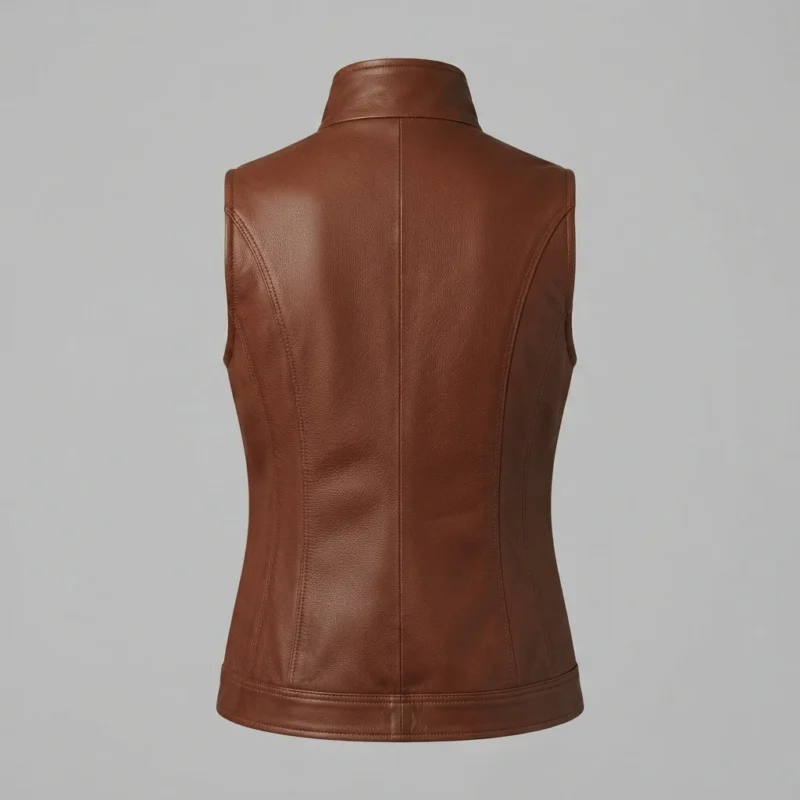 Womens Brown Leather Vest with Stand Collar back