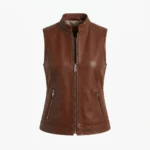 Womens Brown Leather Vest with Stand Collar front