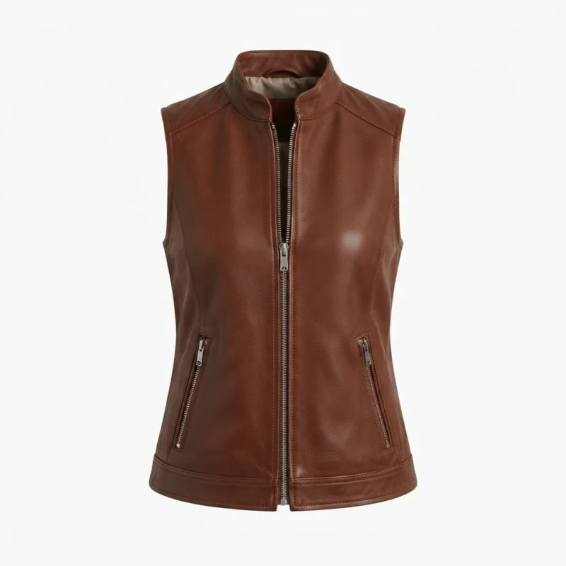 Womens Brown Leather Vest with Stand Collar front