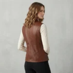Womens Brown Leather Vest with Stand Collar back view