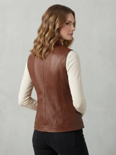 Womens Brown Leather Vest with Stand Collar back view