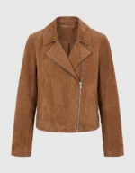 Womens Brown Suede Biker Jacket Classic Asymmetrical Zipper Style front