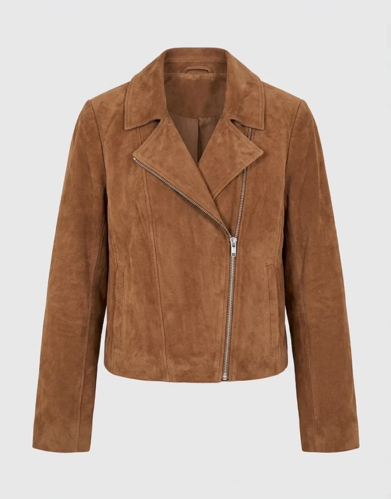 Womens Brown Suede Biker Jacket Classic Asymmetrical Zipper Style front