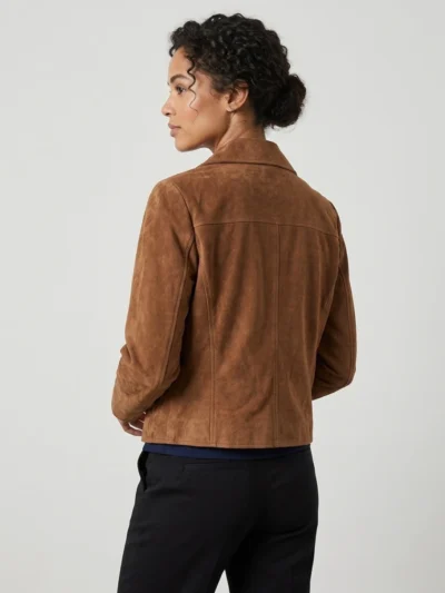 Womens Brown Suede Biker Jacket Classic Asymmetrical Zipper Style back side