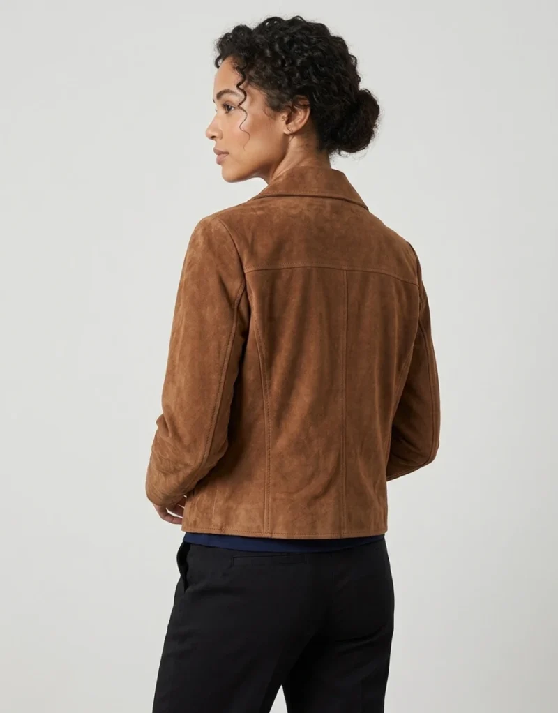 Womens Brown Suede Biker Jacket Classic Asymmetrical Zipper Style back side
