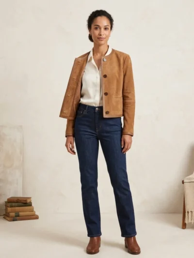 Women’s Brown Suede Jacket Classic Button Front Style