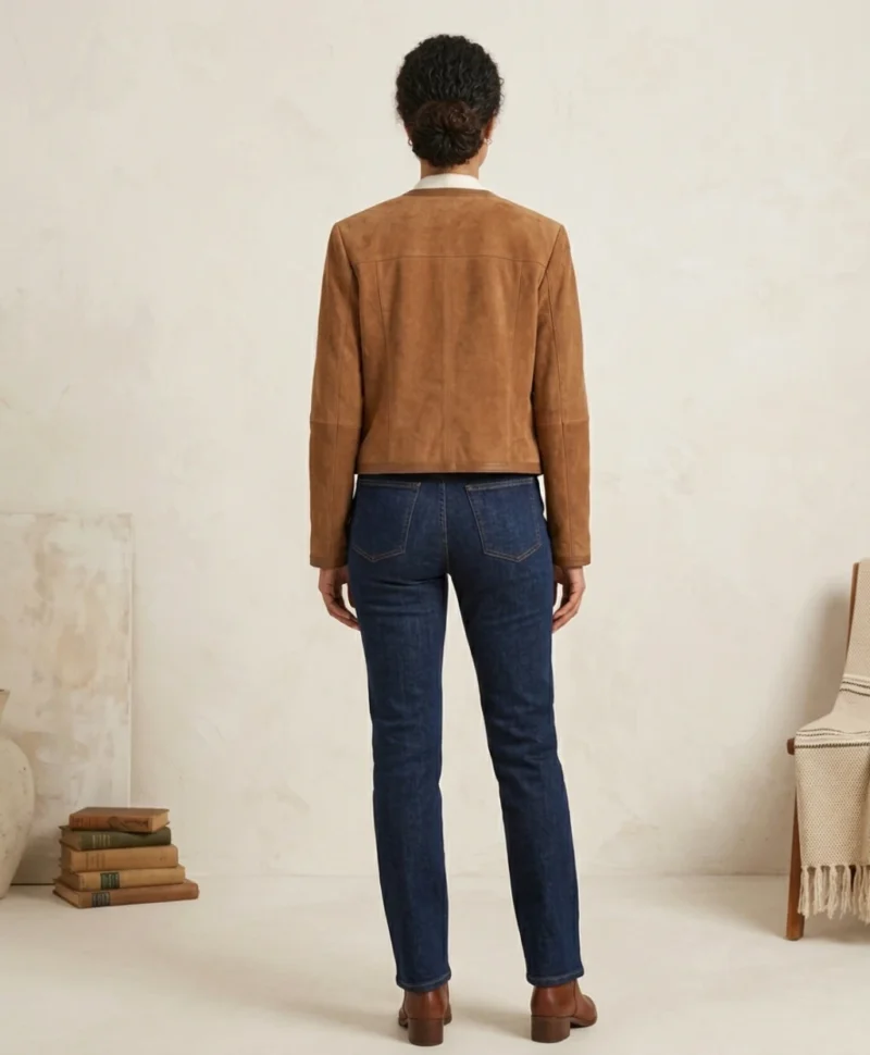 Women’s Brown Suede Jacket Classic Button Front Style back side