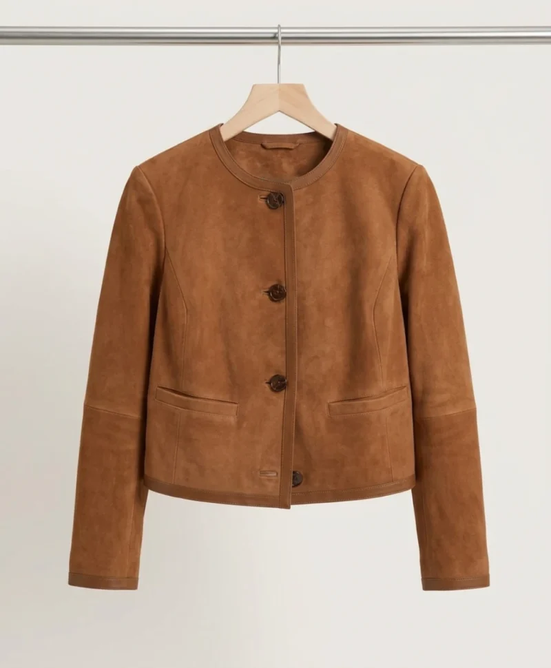 Women’s Brown Suede Jacket Classic Button Front Style front
