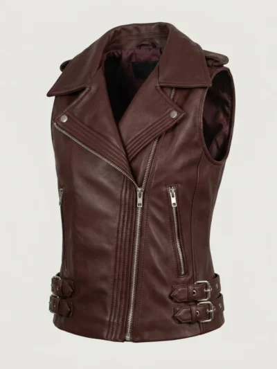 Womens Burgundy Leather Biker Vest Asymmetrical Zip Buckle Waist front