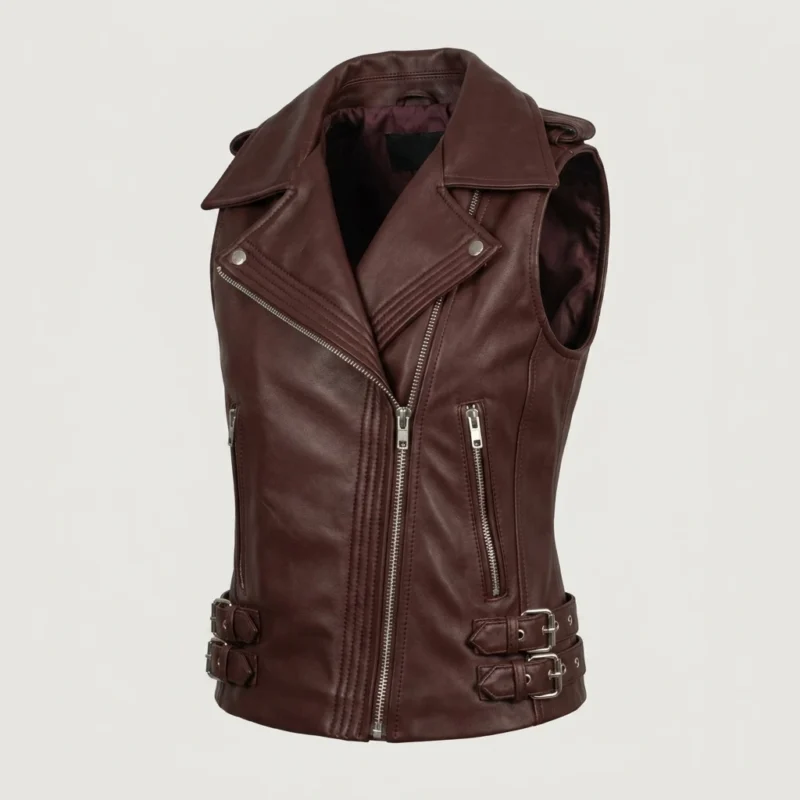 Womens Burgundy Leather Biker Vest Asymmetrical Zip Buckle Waist front