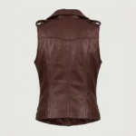 Womens Burgundy Leather Biker Vest Asymmetrical Zip Buckle Waist back