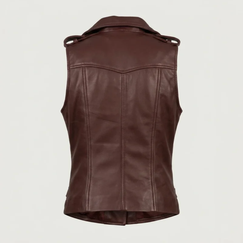 Womens Burgundy Leather Biker Vest Asymmetrical Zip Buckle Waist back
