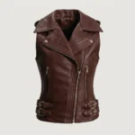 Womens Burgundy Leather Biker Vest Asymmetrical Zip Buckle Waist front 1