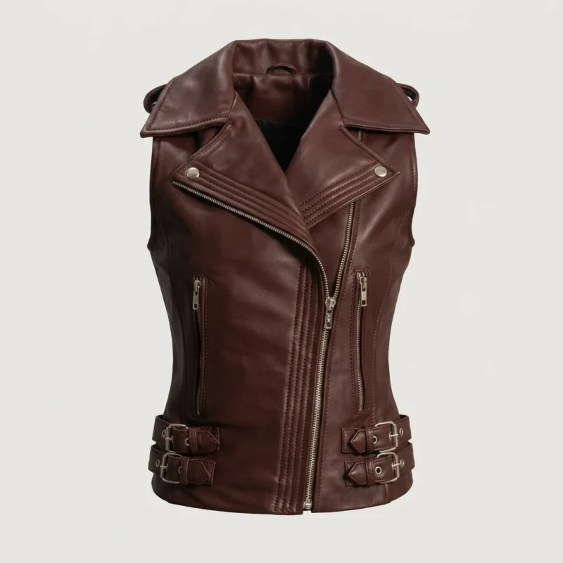 Womens Burgundy Leather Biker Vest Asymmetrical Zip Buckle Waist front 1