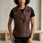 Womens Burgundy Leather Biker Vest Asymmetrical Zip Buckle Waist