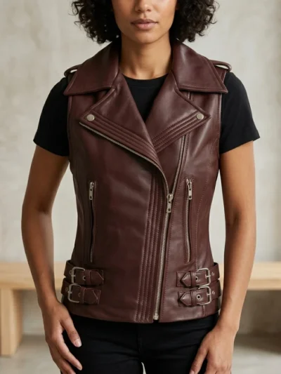 Womens Burgundy Leather Biker Vest Asymmetrical Zip Buckle Waist