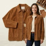 Womens Cognac Suede Jacket Utility Workwear Button Front Style