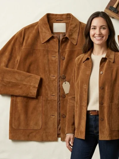 Womens Cognac Suede Jacket Utility Workwear Button Front Style