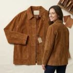 Womens Cognac Suede Jacket Utility Workwear Button Front Style - Image 3